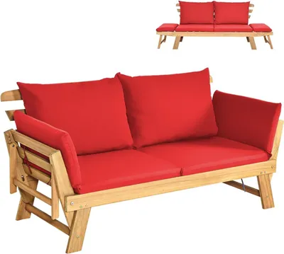 Produktbild von KOMFOTTEU Gartenbank aus Holz, Liegestuhl mit Auflage, Sonnenliege mit Beiden Seiten verstellbar, Multifunktionsbank (Rot)