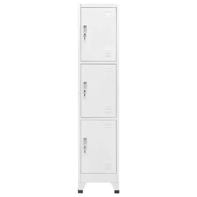A tall, white, three-tier locker with keys in the locks.