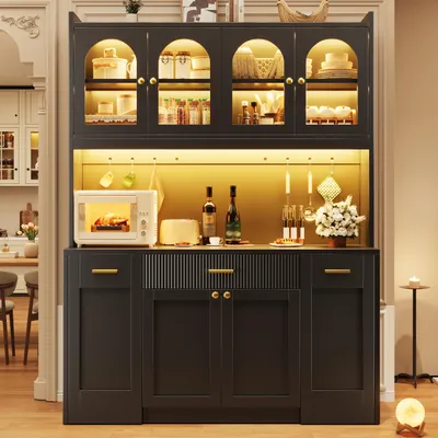 Produktbild von Küchenhochschrank 120x40x187cm aus MDF und Metall, Schwarz, mit RGB-LED-Beleuchtung und ausziehbaren Seitenablagen für die Küche