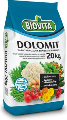 A bag of BIOVITA Dolomit fertilizer with images of vegetables and flowers.