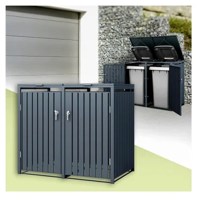 Produktbild von Mülltonnenbox für 2 Tonnen 240L, 132x80x116,3 cm, Anthrazit, Stahl, wetterfest, abschließbare Mülltonnenverkleidung mit Klappdeckel und 2 Türen