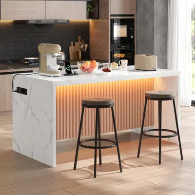 Image de Îlot de cuisine Flieks avec éclairage LED, plan de travail de 40 mm d'épaisseur, idéal pour les appartements et les espaces de vie ouverts. Chariot de service : 155 x 80 x 90 cm, finition nature et blanc