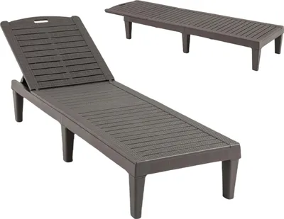 Two brown plastic sun loungers are shown against a white background. One is in the foreground, angled, with its backrest raised. The second is in the background, fully reclined and viewed from the side.