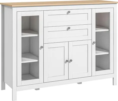 Image de HOMCOM Buffet Salle à Manger avec 2 Portes Vitrées, Meuble de Rangement avec Étagères Réglables 2 Tiroirs 1 Placard, Style Moderne, 120 x 40 x 90 cm, Bois Naturel et Blanc