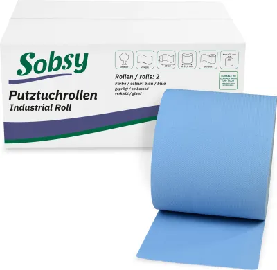 Produktbild von 2 x blaue saugstarke Papierrolle, 1000 Blatt, 22x36 cm | 2-lagige perforierte Papiertücher | Putztuchrolle für Industrie, Werkstatt und Restaurant | Durchmesser 25 cm