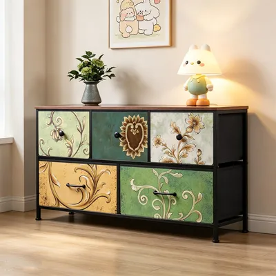 Produktbild von INONEFT Kommode mit 5 Schubladen aus Stoff, 100x30x55cm Kommodenschrank für Schlafzimmer, TV Schrank, Metallrahmen Holzoberfläche, Vintage-Blumenmotiv