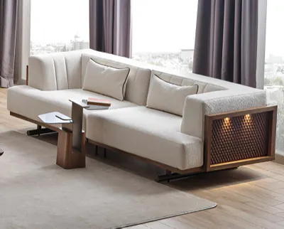 Zdjęcie produktu dla Zestaw do salonu: 3-osobowa sofa i stolik pomocniczy w stylu japandi – nowoczesny