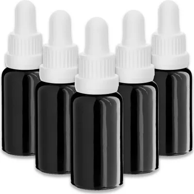 Produktbild von 5x Glasflasche schwarz 20 ml mit weißer Pipette Apothekerflaschen leer
