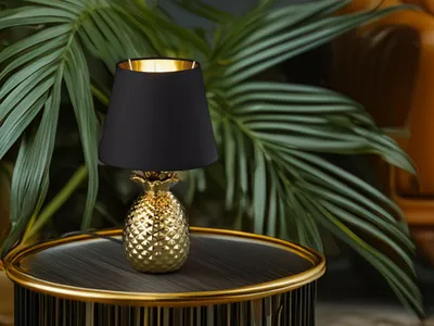 Produktbild von Keramik Tischleuchte Ananas Style mit Stofflampenschirm Ø20cm in Gold/Schwarz
