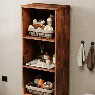 Produktbild von Schmaler, rustikaler Badezimmerschrank in Dunkelbraun, 88 cm hoch