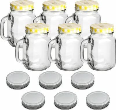 Produktbild von gouveo 6er Set Trinkgläser 450 ml mit Deckel gelb, silberfarben - Trinkglas mit Henkel und Drehverschluss - Henkelgläser mit Deckel