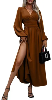 Image de Omgoods - Robe longue à col en V, manches longues et fente, pour un look cocktail