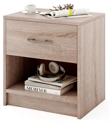 Produktbild von Nachttisch mit Schublade und offener Ablage, Holz 38,5 x 28 x 40,5 cm, Beistelltisch für Wohnzimmer und Schlafzimmer (Natur)