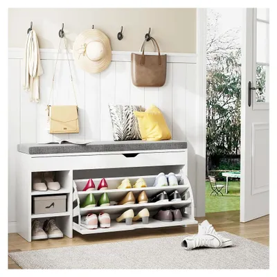 Produktbild von Schuhschrank mit Klappen, schmaler Schuhkipper, Sitzbank mit Kissen, verstellbar, Flur, mit Fächern, 100 x 30 x 55 cm, Weiß