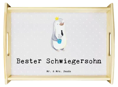 Produktbild von Mr. & Mrs. Panda Servier Tablett Pinguin Bester Schwiegersohn - Grau Pastell - Geschenk, Deko, Hochzeit, Dankeschön, Geschenkidee, Frau, Tochter, aus holz, betttablett