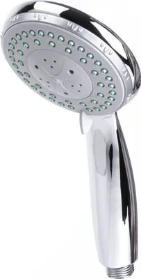 A chrome-plated hand shower head against a white background.