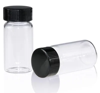 Immagine prodotto di 100 flaconi di vetro trasparenti da 20 ml con tappo a vite nero