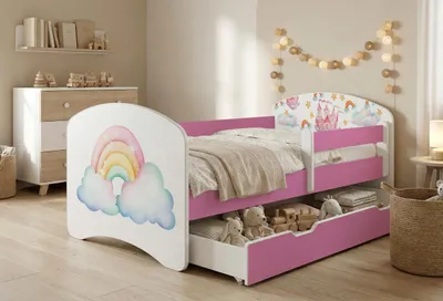Immagine prodotto di Lettino Happy Babies - Set con materasso, cassetto e sponda di sicurezza, 70x140, lettini per bambine e letti per ragazzi, design colorato,