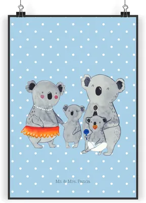 Produktbild von Mr. & Mrs. Panda Bild Koala Familie DIN A4 - Blau Pastell - Geschenk, Posterdruck, kunstdruck poster, Family, Plakat, Koalas, Muttertag, Mama, Papa, Kinder, wanddeko