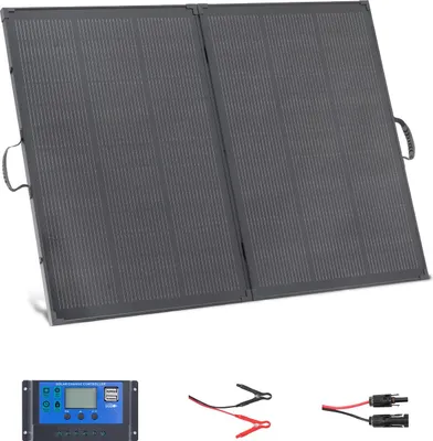 Immagine prodotto di Pannello solare pieghevole - Modulo solare monocristallino da 200 W - Efficienza del 23% - Regolatore di carica PWM da 30 A - Uscita MC4 - Impermeabile IP67 - Con supporto - Per campeggio e camper