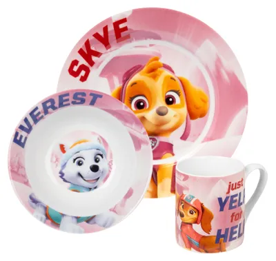 Immagine prodotto di Set da colazione per bambini Paw Patrol - set di stoviglie 3 pezzi in porcellana con piatto, ciotola e tazza