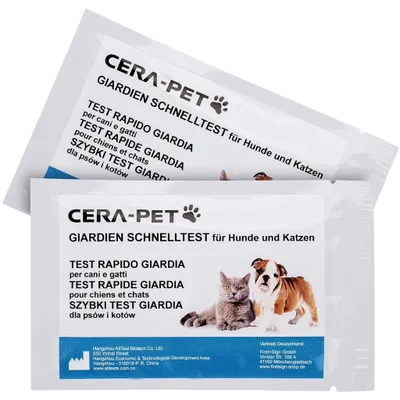 Two sealed test kits for pets, one slightly overlapping the other, with text and images of a cat and dog.