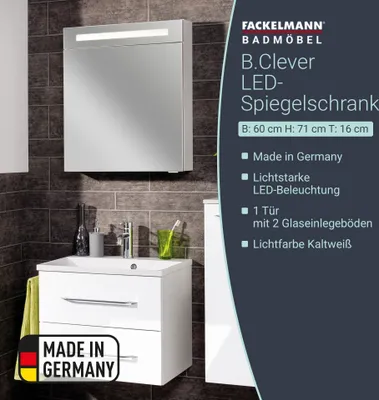 Produktbild von FACKELMANN Spiegelschrank B.CLEVER / eintürig / Spiegelschrank mit gedämpften Scharnieren / Maße (B x H x T): ca. 60 x 71 x 16 cm / hochwertiger Spiegelschrank  / Möbel fürs WC und Bad / Korpus: Weiß