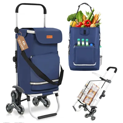 Produktbild von Sekey Einkaufstrolley Treppensteiger Klappbar Einkaufswagen mit Kühlfach Einkaufshilfe Trolley mit Spanngurt und höhenverstellbarem Griff, Blau