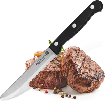 Produktbild von FMprofessional Steakmesser/Pizzamesser, Fleischmesser mit Funktionsteil aus Edelstahl, hochwertiges Messer (Farbe: Schwarz/Silber)