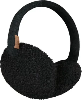 A black pair of earmuffs with a brown leather tag attached to the headband.