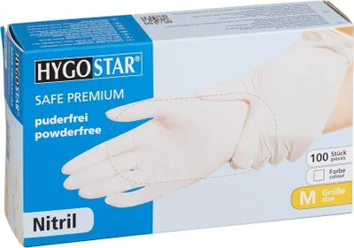 Obrázek produktu pro Hygostar 27050 Nitrilhandschuhe Safe Premium weiß Gr. 8/M puderfrei Spenderbox