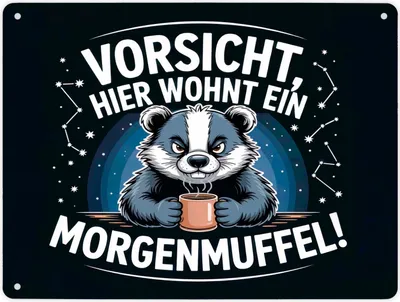 Produktbild von Vorsicht, hier wohnt ein Morgenmuffel! Metallschild XL in 21x28 cm Dachs mit