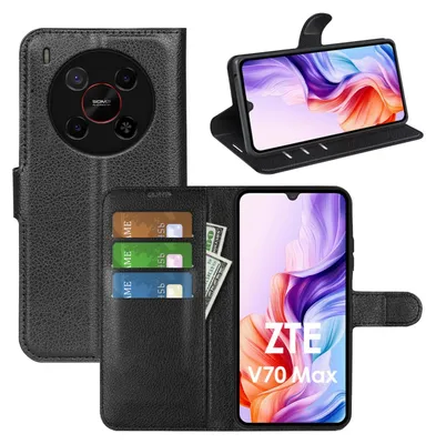 A collage of images showing a black flip wallet case for a ZTE Blade V70 Max phone, with the phone inside and displayed in different orientations, along with credit cards and cash.