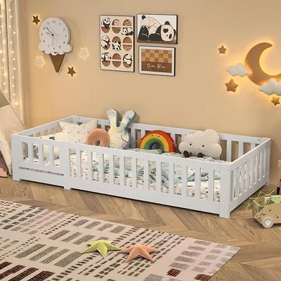 Image de Lit enfant 90x200 cm, lit Montessori pour enfants avec barrière de sécurité, comprenant un sommier à lattes, lit simple avec porte pour bébé, cadres de lit en bois massif de pin, structure de lit pour adolescents, blanc