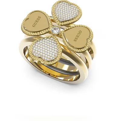 Image de Guess JUBR01428JWYG54 14 Bague pour femme de la collection Fine Heart de Guess. Bague en acier doré avec le symbole du trèfle à quatre feuilles. Taille de la bague : 14. La référence est Jubr01428Jwyg54.