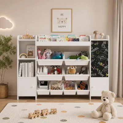 Immagine prodotto di INONEFT, libreria per bambini con lavagna, scaffale per bambini con 8 contenitori, 6 scomparti aperti, 3 ante, contenitore per giocattoli, dimensioni 137 x 94 x 30 cm, colore bianco, Immagine generata dall'IA