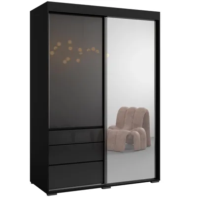 Schiebetürenschrank mit Schubladen und Spiegel Schwarz 140 cm Breite Schlafzimmer
