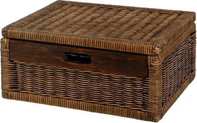 Zdjęcie produktu dla KRINES HOME Płaski koszyk z pokrywką rattanowa plecionka kolor vintage brązowy, koszyk na półkę, koszyk do szafki