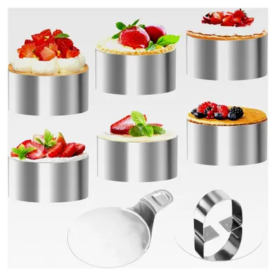 Produktbild von 6 Stück Dessertringe Ø 8 cm aus Edelstahl, 8×4 cm Kuchenringe mit Deckel und Grundplatte, Backringe für Desserts