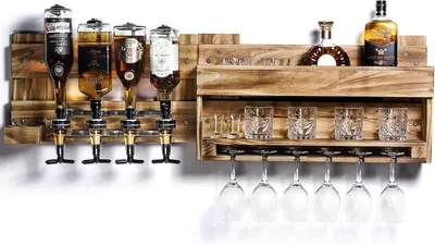 Image de Étagère à vin vintage en bois de palette, avec finition flambée : bar mural avec 4 distributeurs de boissons