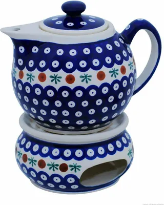 Produktbild von Original Bunzlauer Keramik 1 Liter Teekanne mit spitzen Ausguss Ø19,3 cm mit Stövchen Design 41