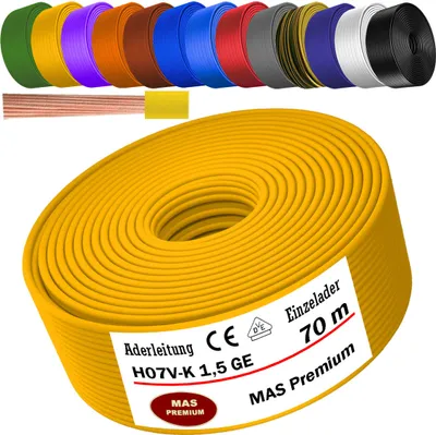 Productafbeelding van 70 meter aderkabel H07 V-K, geleidend, 1x1,5 mm², geel, enkeldradig, flexibel