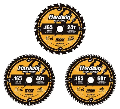 3 Kreissägeblätter 165 mm, 24/48/60 Zähne, Hartmetall, 5/8 Zoll