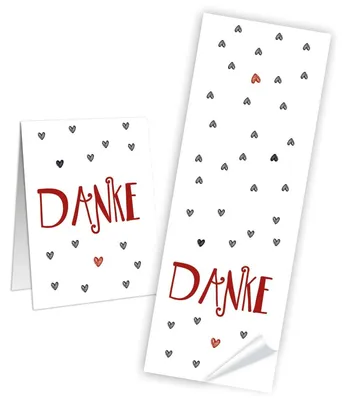 Produktbild von 100 Stück Aufkleber Sticker DANKE weiß rot grau HERZ Dankeschön Geschenkaufkleber 5 x 14,8 cm Hochzeit Gastgeschenk Mitgebsel give-away Geschenk-Verpackung Papiertüten zukleben Liebe