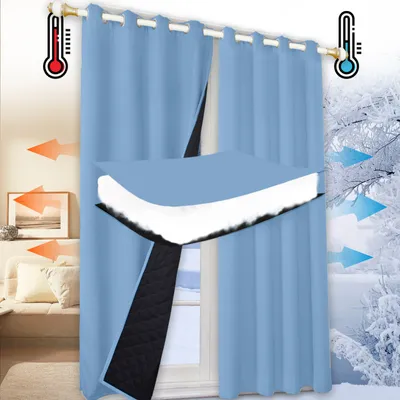 A close-up view of a blue thermal curtain with a layered cross-section showing its insulating properties, set against a background depicting both indoor and outdoor winter scenes with temperature indicators.