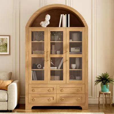 Immagine prodotto di Mobiletto espositivo laterale Merax con 3 ante in vetro e 4 cassetti, mobiletto alto con vano ad arco, vetrina autoportante con maniglie in alluminio, realizzato in pannello di particelle (PB) e MDF, finitura naturale
