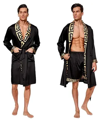 Produktbild von Herren Bademantel aus Satin mit langem Arm und Shorts Nachtwäsche Set