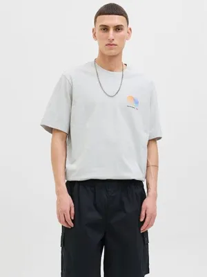 Immagine prodotto di JACK&JONES CORE JCOCALMA, maglietta a maniche corte con stampa sul davanti, modello girocollo, colore grigio "Gray Dawn", taglia XL