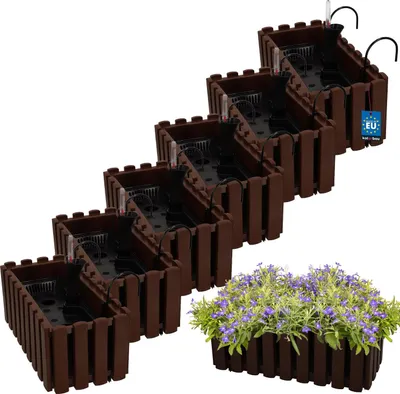 Produktbild von KOTARBAU® 6er Set Blumenkasten Balkon Blumentopf Selbstbewässernd 38x18x16cm Braun Kunststoff Blumentopf Balkongeländer Bewässerungssystem Blumenkastenhalterung Pflanzkübel Groß Außen