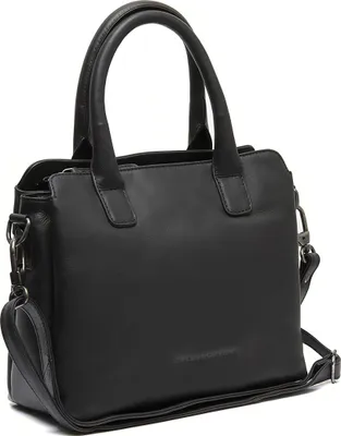 A black leather handbag shown from a three-quarter angle against a white background.